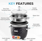Courant 10-Cup (Cooked) / 5-Cup Uncooked Rice Cooker and Steamer with One-Touch Operation, Automatic Keep Warm Function, and Chrome Accents, Black