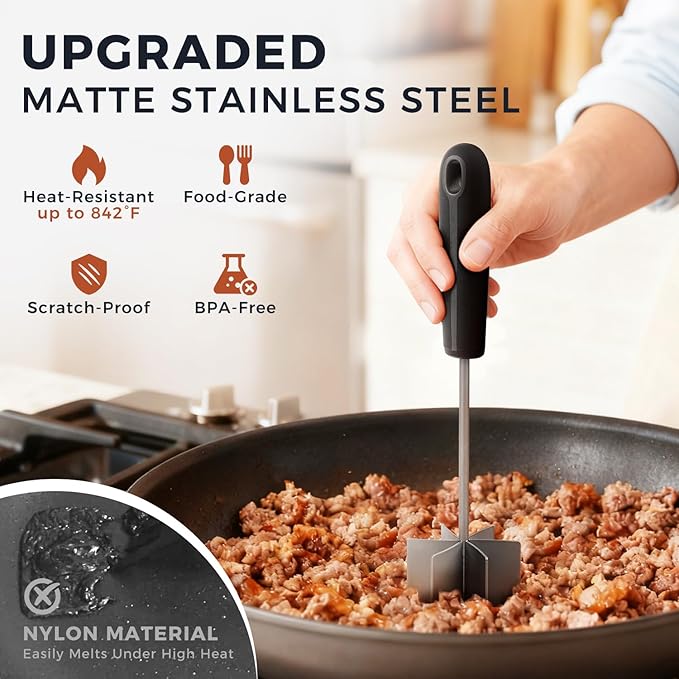 304 Stainless Steel Meat Chopper & Masher, Coinicxcel 10 Inch Heat Resistant Ground Beef Chopper Tool with 6 Curve Blades & Ergonomic Non-Slip Handle, Heavy-Duty Hamburger Smasher Tool Dishwasher Safe