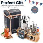 HMYBAR® 22-pc Cocktail Shaker Set(24oz/700ml) | Mixology Bartender Kit | Bar Tool Set | Martini Making Set with 39-Recipe Cocktail Cards & Kit's Deco, Bamboo Stand Natural Color, Silver Tools