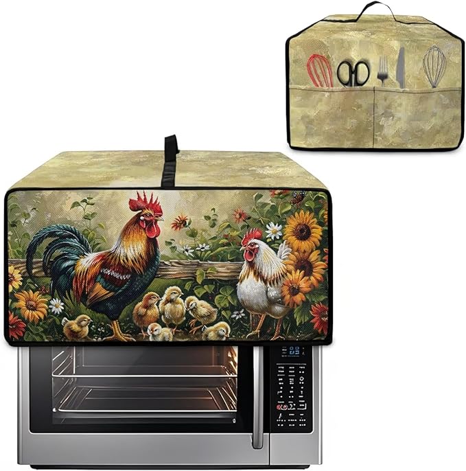 Rooster Sunflower Print Toaster Oven Dust-proof Cover Heat-Resistant Kitchen Small Appliance Air Fryer Covers Universal Washable Microwave Oven Covers (Small-14.5 * 18.46 * 9 inches)