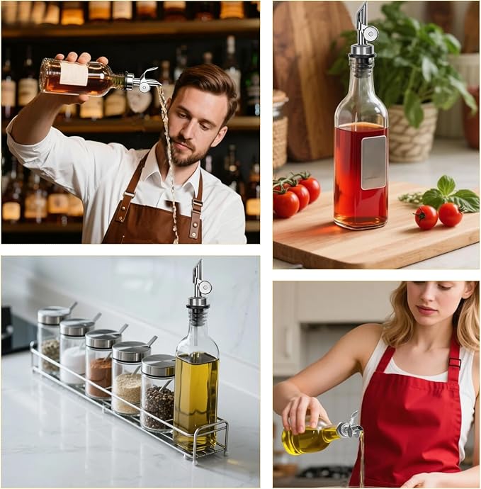 6 Pcs Auto Flip Liquor & Oil Pour Spout, 304 Stainless Steel Dispenser Spout for Olive Oil, Alcohol, Wine, Vinegar, Home & Bar Essential Tools, Silver