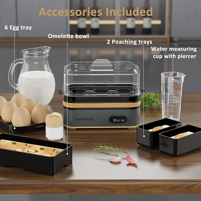 Evoloop Rapid Egg Cooker Electric 6 Eggs Capacity, Soft, Medium, Hard Boiled, Poacher, Omelet Maker Egg Poacher With Auto Shut-Off, BPA Free