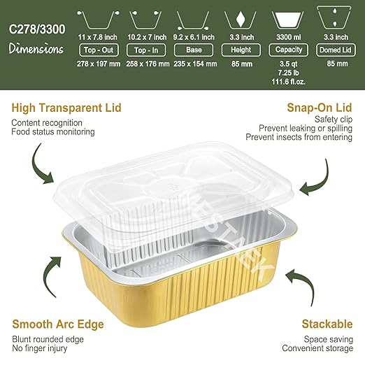 11" x 7.7" Heavy-Duty Aluminum Foil Pans with Snap-On Lids, 112oz, 5 Pack – Extra-Thick Disposable Foil Containers for Oven, Baking, Freezer & Food Storage
