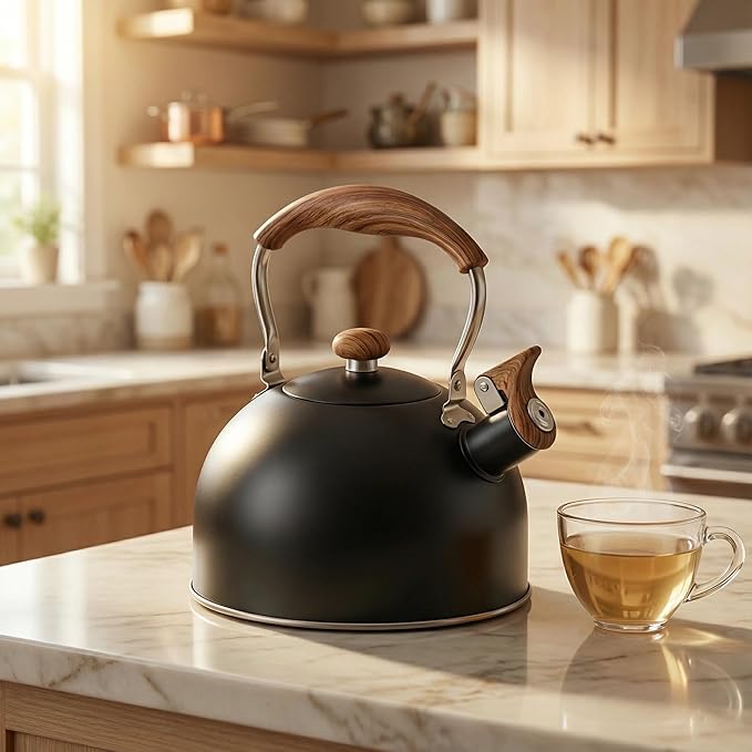 Tea Kettle for Stove Top, 2.5 Quart Whistling Tea Kettle, Food Grade Stainless Steel Tea Pot Stovetop with Wood Pattern Folding Handle for All Stovetops (Matte Black)