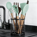 Utensil holder for Kitchen Counter - 5.2" x 5.2" x 6" Large Round Utensils Holder with Wooden Base Matte Black Cooking Utensil Holder，Kitchen countertop Utensil Organizer (Metal-1)