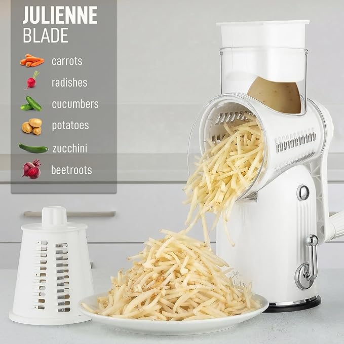Zulay Kitchen Rotary Cheese Grater 5 Blade Cheese Shredder - Manual Hand Crank Cheese Grater With Reinforced Suction & 5 Interchangeable Drums - Easy to Use, Vegetable Chopper Round Mandoline Slicer