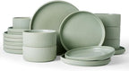 Famiware Star 18-Piece Reactive Glaze Plates and Bowls Sets, Service for 6 - Stoneware Dinnerware Set, Modern Rustic Ribbed Dishes, Chip/Scratch Resistant, Microwave/Dishwasher Safe, Matte Sage Green