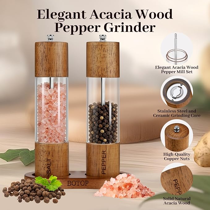 Premium Acrylic Salt and Pepper Shakers, 2Pack Manual Salt and Pepper Grinder Set with Base, Wooden Refillable Pepper Grinder with Adjustable Ceramic Core - 8 Inches