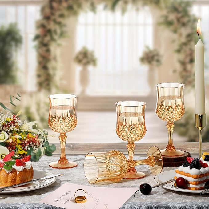 XUWAIDSGN 16 Pcs 7oz Plastic Vintage Wine Glasses Drinking Glasses Unbreakable Wedding Glassware Crystal Water Goblets Reusable Drinkware Vintage Champagne Flutes (16, Amber)