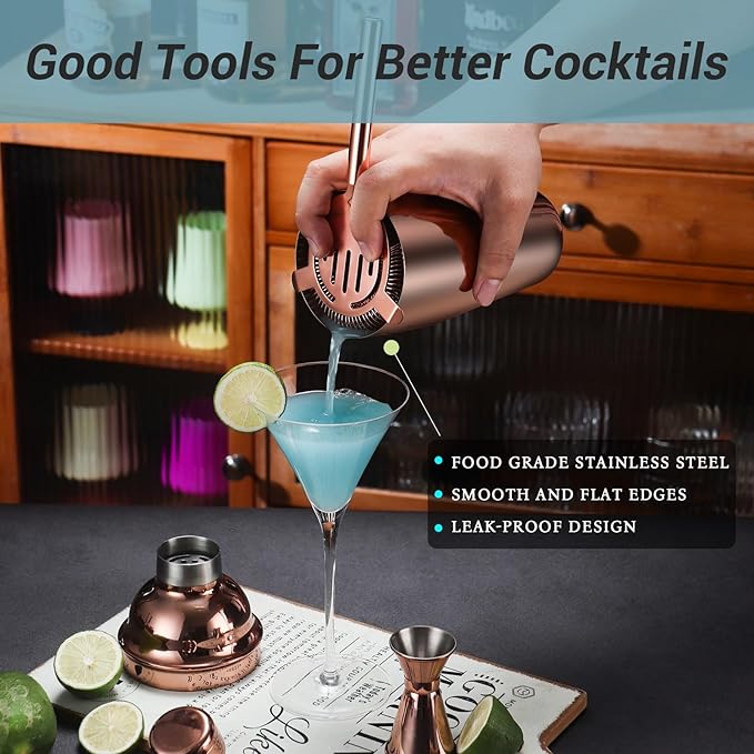Cocktail Shaker Set Bartender Kit with Stand, 12 Piece Bar Set Drink Mixer Set with Stainless Steel Bar Accessories Tools: 25oz Martini Shaker Jigger Strainer Spoon Muddler for Cocktails (Rose Gold)