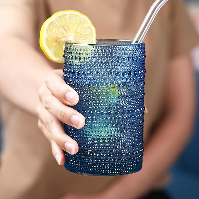 KMIGRUAN Large Hobnail Drinking Glasses Set of 6, 15oz Blue Vintage Glassware, Embossed Glass Cups, Water Tumbler, Highball Glasses For Beer, Juice And Various Mixed Drinks