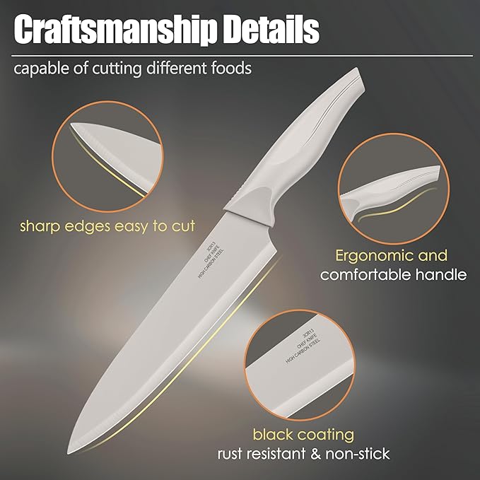 HaWare Knife Set, 21 Pieces Stainless Steel Kitchen Knife Block Set, Khaki Chef Knife Sets with Measuring Spoon & Slicer for Home, 6 Steak Kinves, Sharp Blade & Light Weight Cutlery, Ergonomic Handle
