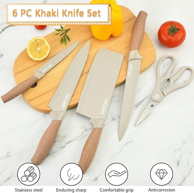 Knife Set, 6 Pieces Professional Kitchen Knife Set with Universal Knife Block, Super Sharp Knife Block Set with Ergonomic Handle Non-stick Stainless Steel Knife Block Set (Khaki)