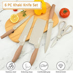 Knife Set, 6 Pieces Professional Kitchen Knife Set with Universal Knife Block, Super Sharp Knife Block Set with Ergonomic Handle Non-stick Stainless Steel Knife Block Set (Khaki)