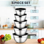 E-far Mixing Bowls With Lids Sets of 5, 10-Piece Stainless Steel Salad Metal Nesting Bowl for Baking Cooking and Prepping, Airtight Lid & Stackable Design, Size 4.6, 3, 2.1, 1.5, 0.7 QT, Black