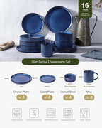 Famiware Star 16-Piece Stoneware Dinnerware Set, Service for 4, Reactive Glaze Mugs, Plates and Bowls, Dishes with Trim, Modern Rustic, Chip/Scratch Resistant, Microwave/Dishwasher Safe, Nebulas Blue