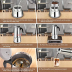 4 Cup Stovetop Espresso Maker Stainless Steel Moka Pot Stove Top Percolator Italian Coffee Makers Capable Mocha Greca Machine Cafe Classic Induction Cookers for Home and Camping 200ml 6.6oz