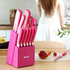 hecef 15 Pieces Kitchen Knife Set with Built-in Sharpening Wooden Block, Dishwasher Safe, High Carbon Stainless Steel Knife Block Set with Steak Knives, Kitchen Scissors, Hot Pink
