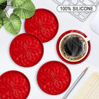 ME.FAN Silicone Coasters with Holder,[6 Pack] Drinking Coasters - Cup Mat for Hot or Cold Drinks, Thickened, Non-Slip, Non-stick,Deep Tray Red