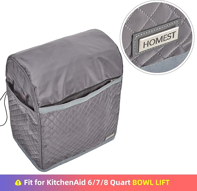 HOMEST Stand Mixer Quilted Dust Cover with Pockets Compatible with KitchenAid 6/7/8 Quart Bowl Lift, Grey (Patent Design)