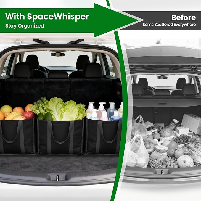 SpaceWhisper Reusable Grocery Bags with Long Handles [10 Pack] - Multipurpose Large Shopping Bags for Groceries, Foldable Grocery Totes Resist Water & Stains for Kitchen, Car Trunk, Picnic (Black)