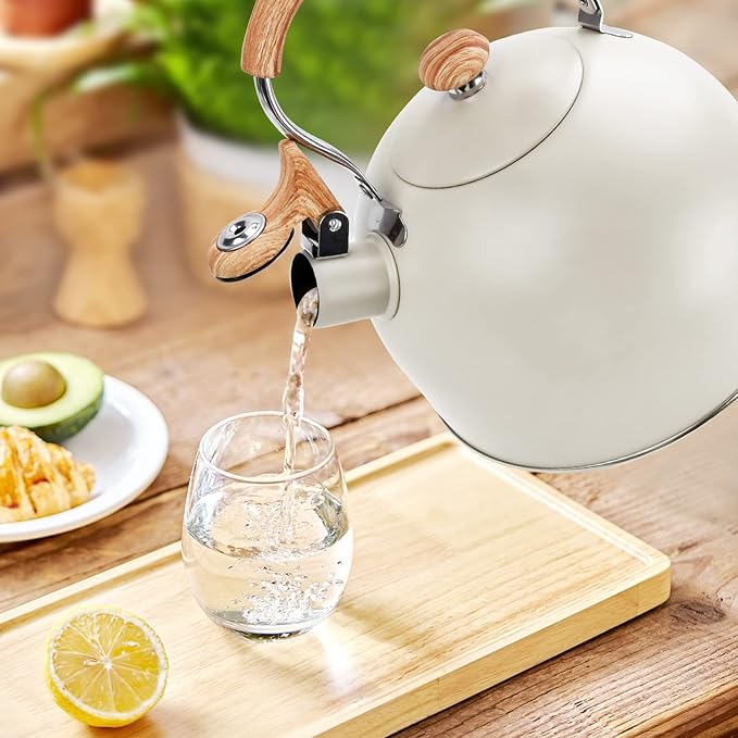 Tea Kettle Stovetop, 2.6Qt Whistling Tea Pots for Stove Top, Heat-resistant Folding Handle，Cute Teapot(Beige)