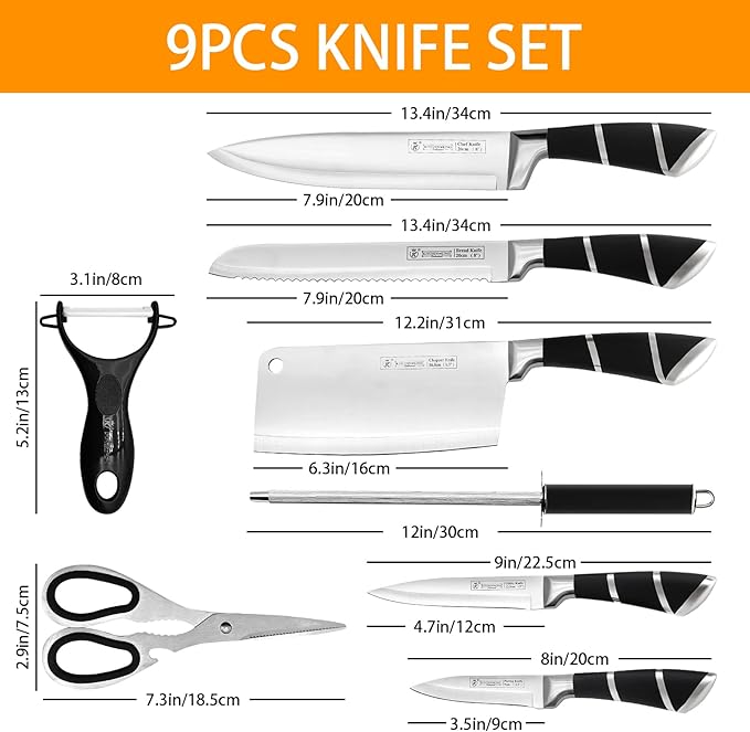 Kitchen Knife Set, Retrosohoo 9-Pieces Black Sharp Non-Stick Coated Chef Knives Block Set,Stainless Steel Knife Set for Kitchen with Sharpener for Cutting Slicing Dicing Chopping (Black)
