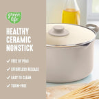 GreenLife 6QT Ceramic Nonstick Stockpot with Glass Straining Lid, PFAS-Free, Dishwasher Safe, Stay-Cool Handles, Oven Safe to 350°F, Wobble-Free Base, Even Heating, Taupe