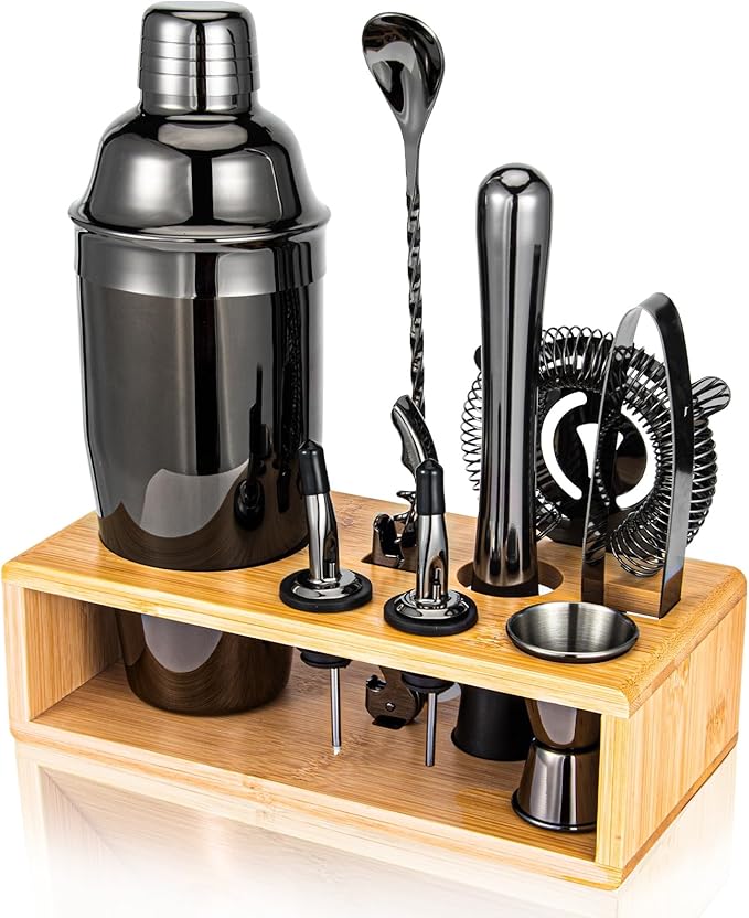 Black Cocktail Shaker Set, Premium 18/8 Stainless Steel Mixology Bartender Kit with Stylish Bamboo Stand 10-Piece Bar Tools & Accessories for Home Bar for Men, Dad, Husband