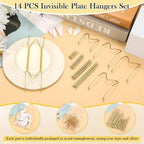 14 Pack Plate Hangers for Wall Display, 6/8/10/12 Inch Invisible Stainless Steel Plate Holders with Wall Hooks, Fit 5.5–12.5 Inch Decorative Plates, Plate Display Hangers for Home Wall Decor, Gold