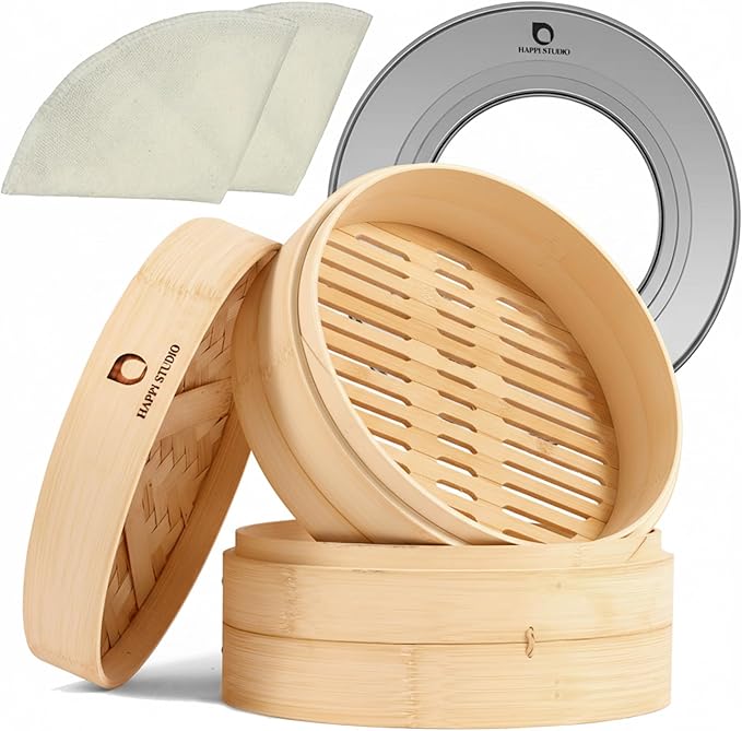 HAPPI STUDIO Bamboo Steamer Basket Set - 10 Inch Large Dumpling 2 Tier for Pots - Asian Cooking Dim Sum Bao Buns Momo Rice - Natural Chinese Steam Baskets Kit with Stainless Steel Ring (10-inch Extra Deep Bamboo Steamer w/ Ring)