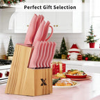 XANAPON 14-Piece Kitchen Knife Set with Block, High Carbon Stainless Steel Sharp Chef Knives with Built-in Sharpener, Ergonomic Handles, Professional Cutlery for Home Cooking & Gifts, Pink