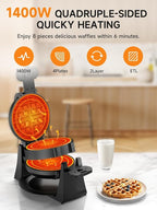 Waffle Maker, 1400W Double Belgian Waffle Iron 180° Flip, 8 Slices, Rotating & Nonstick Plates, Removable Drip Tray for Easy Cleaning, Cool Touch Handles, Space Saving Storage, Black