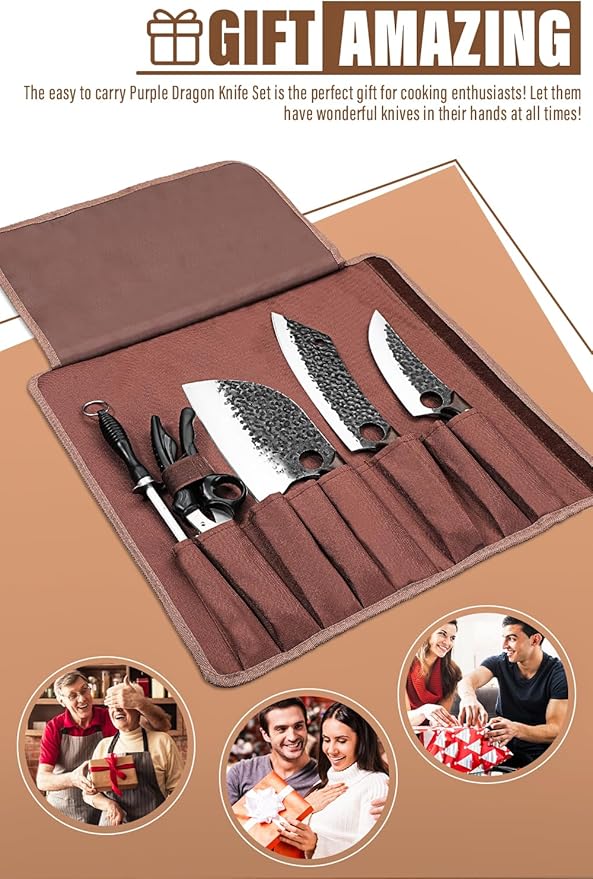 Purple Dragon Butcher Knife Set - 9 Pcs Chef Knife Set - Hand Forged Serbian Chef Knives Meat Cleaver Boning Viking Knives Kitchen Knives with Roll Bag Christmas Gift for Men and Women