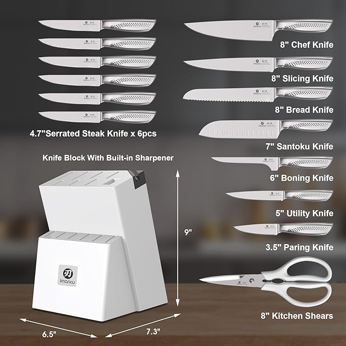imarku® Knife Set, Japanese HC Stainless Steel 15 PCS Kitchen Knife Set With Block With Built-in Sharpener, Razor-Sharp Blade Knife Block Set With Dotted Ergomomic Handle, Best Birthday Gifts, White