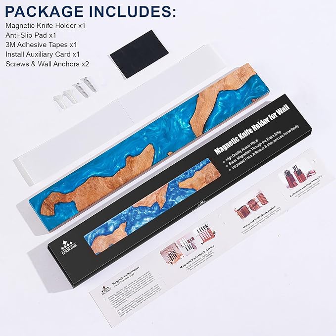 ENOKING Magnetic Knife Holder for Wall 16 Inch, Acacia Burl Wood & Blue Resin Magnetic Knife Strip Bar, Powerful Magnet Kitchen Knife Storage Rack, Space-Saving Wall Mounted Organizer