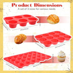 3 Pcs Silicone Muffin Pan Set, Silicone Muffin Pans for Baking Red 24/12/6 Cups Mini/Regular/Large Non-Stick Cupcake Pan for Kitchens, Restaurants, Bakeries