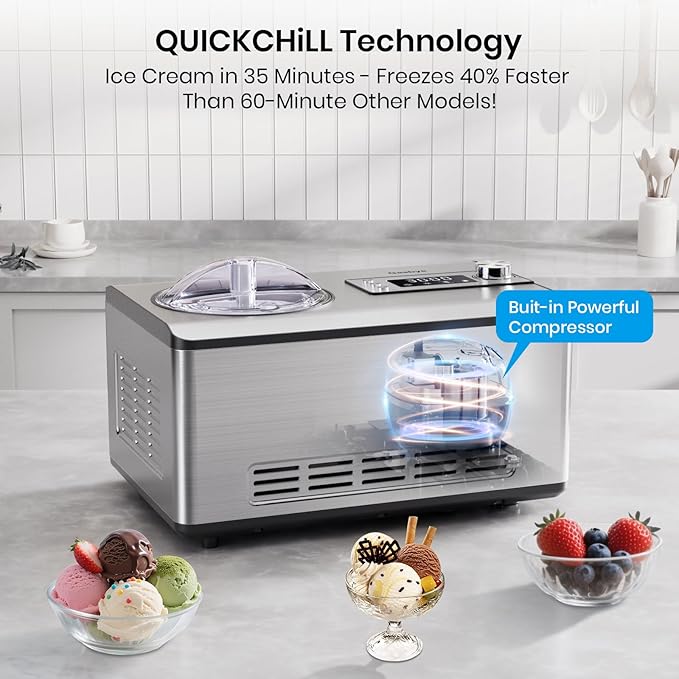 Gasbye Ice Cream Maker with Upgraded Compressor, [40% Faster Freezing], No Pre-Freezing Needed, LED Display, 2.1 Qt Capacity, Easy Operation for Ice Cream & Yogurt, Stainless Steel