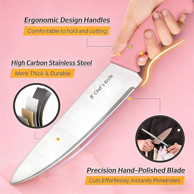 Knife Set, 6-Piece Kitchen Knife Set, German High Carbon Stainless Steel, Durable & Easy Clean Knife Block, Peach Pink