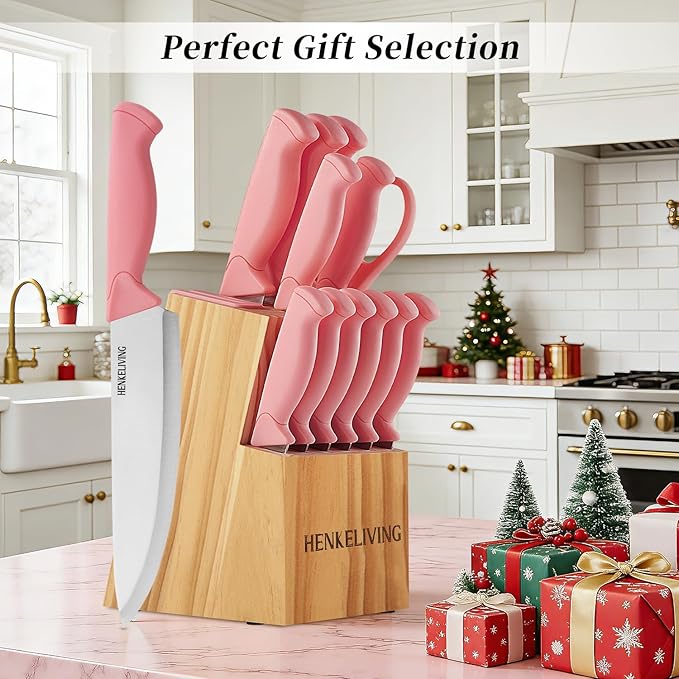 Knife Set, 14-Piece Kitchen Knives Set with Block, Built-in Sharpener, German High Carbon Stainless Steel, Ergonomic Non-Slip Handles, Peach Pink