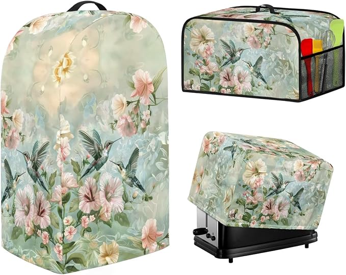 Hummingbird Floral 2 Slice Toaster Blender Slow Cooker Covers Machine Washable Small Appliance Dust Cover Sets Kitchen Appliance Organizer Anti Greasy 3PCS