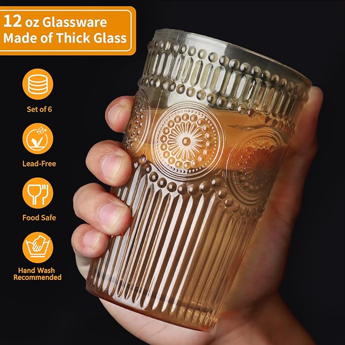 Loivttvv 6pcs Vintage Drinking Glasses Set, 12 oz Tawny Highball Glasses, Embossed Ribbed Glassware Cups for Cocktail, Water, Juice, Coffee, Whiskey