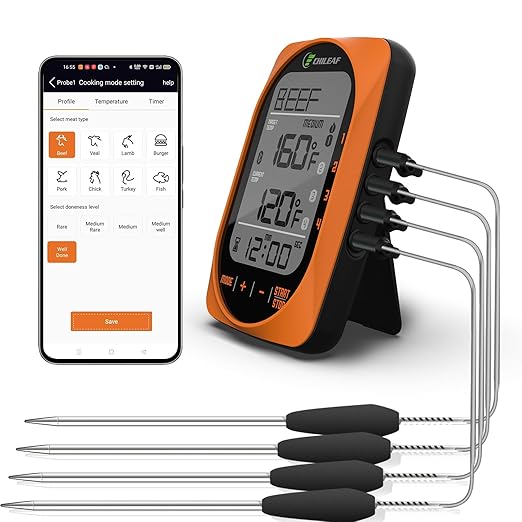 Bluetooth Meat Thermometer Smart Kitchen Thermometers with Timer Mode Temper Mode Digital Instant Read Food ThermometerA Grill Oven Thermometer with 4 Probes for Grill Candy Meat Oven Food Smoker