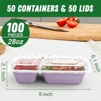 Dealusy 50 Pack (100-Piece) 28 oz Meal Prep Containers Reusable with Lids 2-Compartment, Sturdy Leakproof Food Safe, Microwave Freezer Dishwasher Safe, To Go Take Out Plastic Food Storage, Lilac