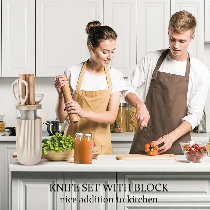 Knife Set, 7 Pieces Professional Kitchen Knife Set with Universal Knife Block, Super Sharp Knife Block Set with Ergonomic Handle Non-stick Stainless Steel Knife Block Set (Beige)