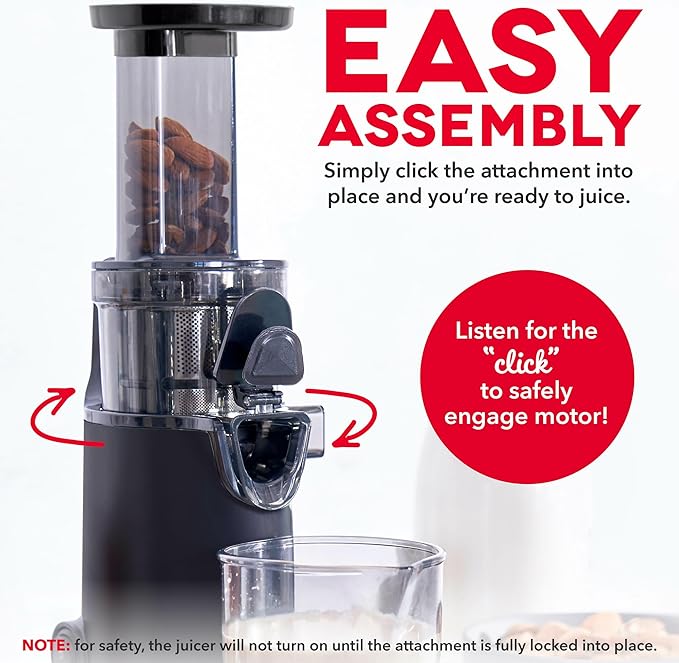 DASH Deluxe Compact Masticating Slow Juicer, Easy to Clean Cold Press Juicer with Brush, Pulp Measuring Cup, Frozen Attachment and Juice Recipe Guide - Black