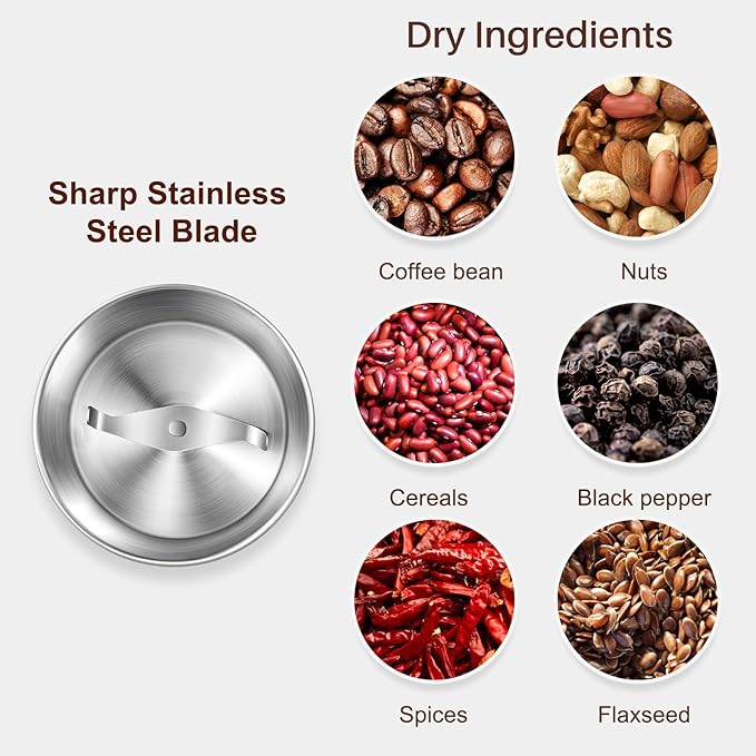 Secura Electric Coffee Grinder and Spice Grinder with 1 Stainless Steel Blades Removable Bowl