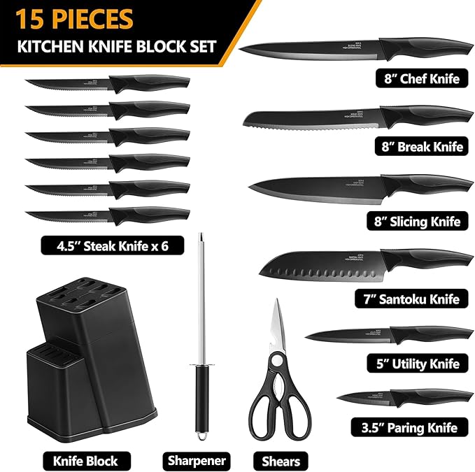 E-far Knife Set with Block, 15 Pieces Kitchen Knife Block Set with Sharpener, High Carbon Stainless Steel Sharp Chef Knife Set with Ergonomic Handles, Anti Rust, Black