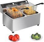 Commercial Deep Fryer with Basket, 3400w 28Qt Dual Tank 0.6mm Thickened Stainless Steel Countertop Electric Fryer for Home and Commercial Use, Oil Fryer with Double Overheat Protection
