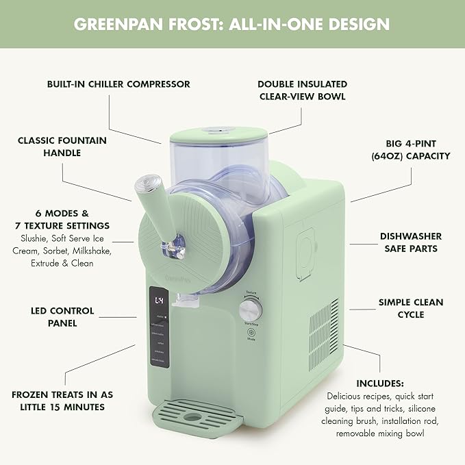GreenPan Frost Ice Cream Maker & Slushie Machine, Soft Serve, Sorbet, Margaritas, Milkshakes, Frozen Yogurt, No Pre-Freezing, Ready in 15 Mins, 6 Modes, 7 Textures, Self-Cleaning, Family Size, Green